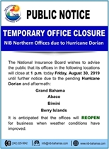 Temporary Closure of Berry Islands office Due to Pending Hurricane Dorian